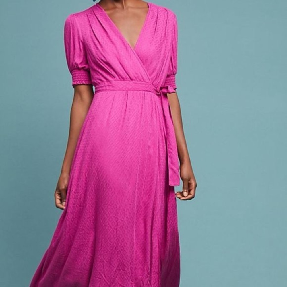 Maeve Anthropologie Fuchsia Faux Wrap Midi Dress with Pockets